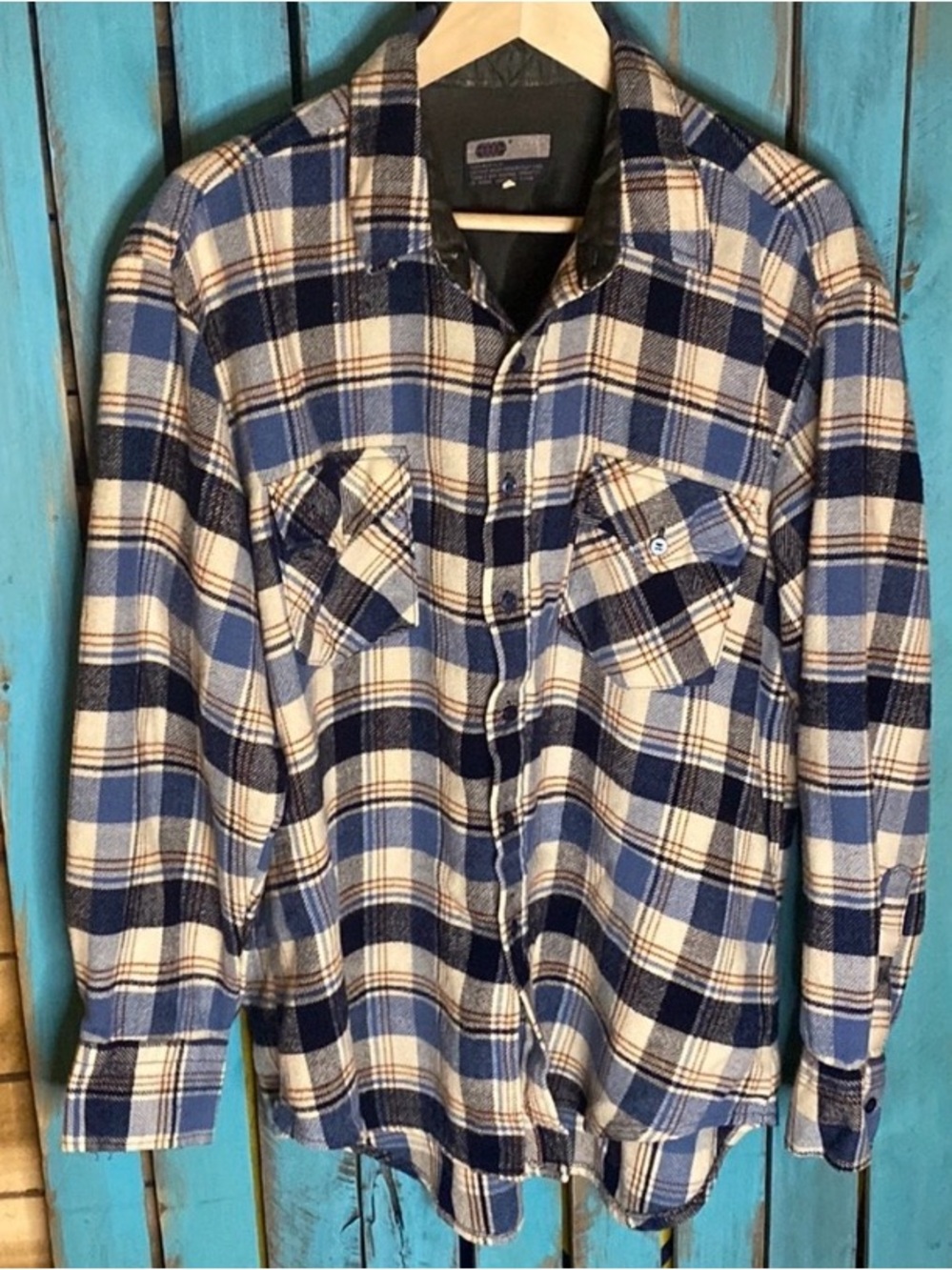 Vintage 80s VIP acrylic plaid flannel shirt size XL blue white orange